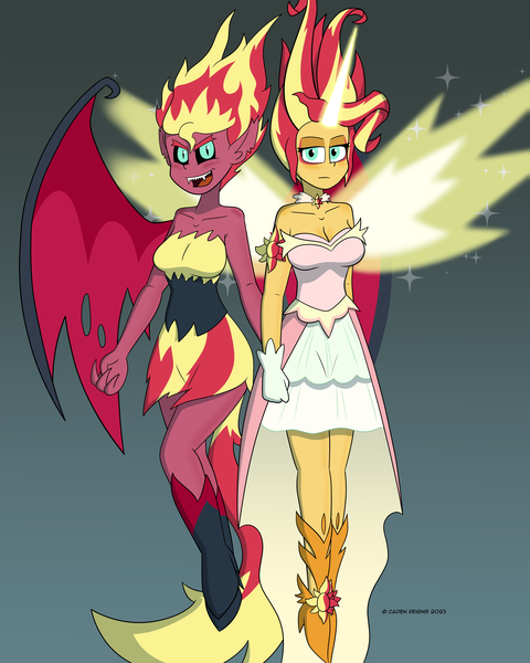 Size: 4800x6000 | Tagged: safe, artist:cadenreigns, derpibooru import, sunset shimmer, demon, human, equestria girls, equestria girls (movie), equestria girls series, blouse, breasts, busty sunset shimmer, clothes, daydream shimmer, duo, duo female, equestria girls 10th anniversary, female, glow, glowing horn, horn, image, png, skirt, smiling, smirk, spread wings, stare, tail, wings
