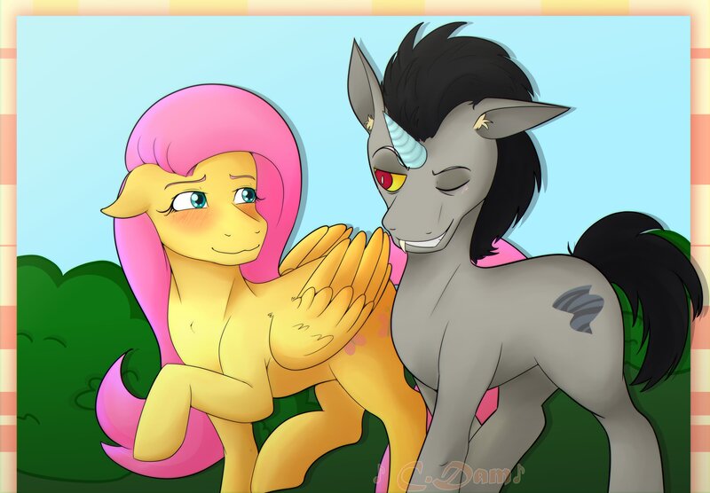 Size: 4096x2849 | Tagged: safe, artist:c.damian, derpibooru import, discord, fluttershy, pegasus, pony, unicorn, bush, cutie mark, date, discoshy, female, horn, image, jpeg, looking at each other, looking at someone, male, one eye closed, outdoors, pony discord, shipping, straight, transformation, wink