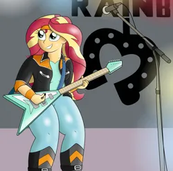 Size: 3550x3509 | Tagged: safe, artist:sparkfler85, derpibooru import, sunset shimmer, human, equestria girls, boots, bracelet, clothes, derpibooru exclusive, dire straits, electric guitar, equestria girls 10th anniversary, female, guitar, guitar pick, headband, image, jacket, jewelry, leather, leather jacket, microphone, musical instrument, pants, parody, playing instrument, png, shoes, smiling, solo