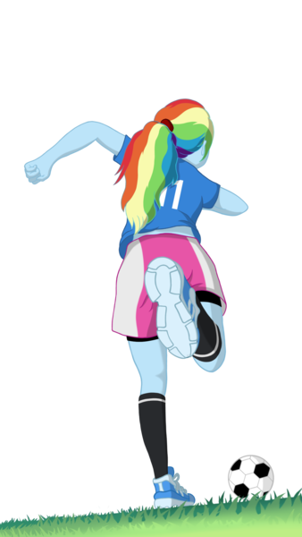 Size: 1440x2560 | Tagged: safe, artist:gaiusmaximiliano, derpibooru import, rainbow dash, equestria girls, ball, clothes, equestria girls 10th anniversary, image, jersey, kicking, png, soccer field, socks, solo, sports