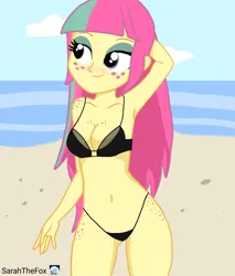 Size: 2550x3000 | Tagged: suggestive, artist:sarahthefox97, derpibooru import, sour sweet, equestria girls, adorasexy, alternate hairstyle, arm behind head, armpits, beach, beautiful, beautisexy, belly button, bikini, black bikini, black bra, bra, breasts, busty sour sweet, clothes, cute, eyeshadow, hairstyle, hand in hair, image, looking at something, makeup, ocean, png, sand, sexy, smiling, stupid sexy sour sweet, underwear, water