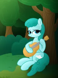 Size: 3016x4032 | Tagged: safe, artist:rainbowšpekgs, derpibooru import, spring melody, sprinkle medley, pegasus, pony, female, forest, grass, guitar, hoof hold, image, mare, musical instrument, nature, png, show accurate, sitting, smiling, solo, tail, tree