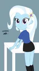 Size: 1138x2052 | Tagged: safe, artist:gibsterboy5, derpibooru import, trixie, equestria girls, boots, clothes, equestria girls 10th anniversary, image, jpeg, looking at you, miniskirt, shirt, shoes, simple background, skirt, table