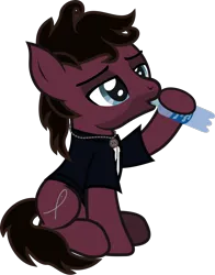 Size: 954x1217 | Tagged: safe, artist:lightningbolt, derpibooru import, ponified, ponified:jordan fish, earth pony, pony, .svg available, bring me the horizon, clothes, colored pupils, derpibooru exclusive, disguise, disguised seapony, drinking, facial hair, image, jewelry, lidded eyes, male, necklace, png, shirt, show accurate, simple background, sitting, solo, stallion, t-shirt, transparent background, vector, water, water bottle