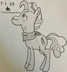 Size: 2695x2895 | Tagged: safe, derpibooru import, grand pear, earth pony, pony, the perfect pear, atg 2023, cutie mark, g4, image, jpeg, male, newbie artist training grounds, pen drawing, pencil drawing, photo, signature, solo focus, stallion, traditional art