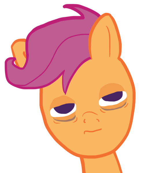 Size: 1856x2281 | Tagged: safe, artist:wissle, derpibooru import, scootaloo, pegasus, pony, atg 2023, bags under eyes, bust, eyeshadow, female, filly, foal, image, lidded eyes, makeup, newbie artist training grounds, png, portrait, simple background, sleepy, solo, tired, transparent background