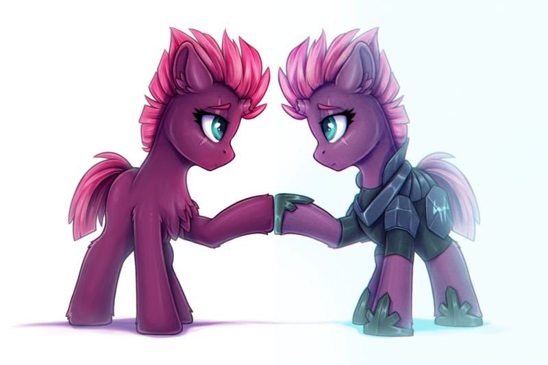 Size: 1200x800 | Tagged: safe, artist:zeepheru_pone, derpibooru import, fizzlepop berrytwist, tempest shadow, pony, unicorn, armor, atg 2023, broken horn, chest fluff, ear fluff, female, horn, image, looking at each other, looking at someone, mare, newbie artist training grounds, png, simple background, white background