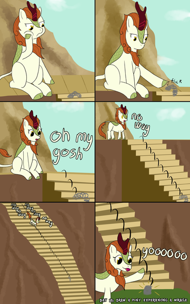 Size: 2500x4000 | Tagged: safe, artist:khazard, derpibooru import, autumn blaze, kirin, ace ventura, atg 2023, bored, female, high res, image, newbie artist training grounds, png, pogchamp, sitting, slinky, solo, stairs