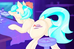 Size: 3000x2000 | Tagged: safe, alternate version, artist:dankpegasista, derpibooru import, coco pommel, earth pony, pony, ass up, bangs, blue eyes, blue mane, butt, chair, colored eyelashes, colored lineart, colored pupils, derpibooru exclusive, dock, eyebrows, eyelashes, fabric, female, flower, flower in hair, hatbutt, heart, heart eyes, high res, highlights, image, long eyelashes, long tail, looking at you, looking back, looking back at you, mare, plot, png, raised tail, sewing machine, shelves, shiny mane, short mane, soft shading, solo, table, tail, window, wingding eyes