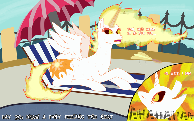 Size: 4000x2500 | Tagged: safe, artist:khazard, derpibooru import, daybreaker, alicorn, pony, atg 2023, beach chair, chair, fan, fanning, female, fence, fire, high res, image, laughing, lying down, mane of fire, newbie artist training grounds, png, poolside, solo, umbrella