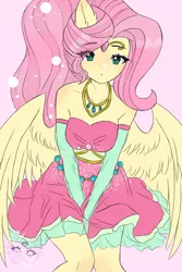 Size: 2000x3000 | Tagged: safe, artist:annixell, derpibooru import, fluttershy, human, equestria girls, bare shoulders, clothes, dress, evening gloves, eye clipping through hair, female, gloves, high res, image, jewelry, long gloves, looking at you, necklace, pink background, png, ponied up, simple background, solo, tiara