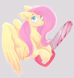 Size: 2268x2381 | Tagged: semi-grimdark, artist:sflnxx, derpibooru import, fluttershy, pegasus, pony, blood, chainsaw, colored pupils, female, floppy ears, gray background, high res, hoof hold, image, mare, outline, png, simple background, white outline