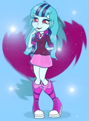 Size: 1921x2608 | Tagged: safe, artist:wojtek-ツ, derpibooru import, sonata dusk, human, equestria girls, equestria girls series, rainbow rocks, anniversary, boots, breasts, cleavage, clothes, cutie mark background, equestria girls 10th anniversary, eyeshadow, female, gem, happy, image, jewelry, legs together, lidded eyes, loose hair, makeup, open mouth, open smile, png, shoes, skirt, smiling, solo, sparkles