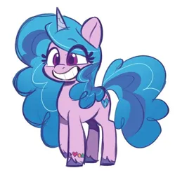 Size: 710x712 | Tagged: safe, artist:colorfulcolor233, derpibooru import, izzy moonbow, pony, unicorn, g5, my little pony: tell your tale, calarts, cute, eye clipping through hair, female, full body, grin, happy, hooves, horn, image, izzybetes, jpeg, mare, simple background, smiling, solo, standing, tail, unshorn fetlocks, white background