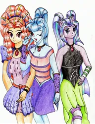 Size: 2336x3036 | Tagged: safe, artist:40kponyguy, derpibooru import, adagio dazzle, aria blaze, sonata dusk, equestria girls, clothes, derpibooru exclusive, equestria girls 10th anniversary, image, jpeg, looking at you, one eye closed, ponied up, simple background, skirt, the dazzlings, traditional art, victory sign, white background
