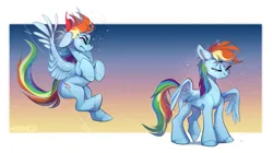 Size: 3393x1905 | Tagged: safe, artist:mithriss, derpibooru import, rainbow dash, insect, pegasus, pony, comic, female, flying, image, mare, png, simple background, solo, spread wings, squint, sunset, wings