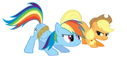 Size: 6000x2919 | Tagged: safe, artist:siennaexecrate, derpibooru import, applejack, rainbow dash, earth pony, pegasus, pony, fall weather friends, bound wings, crouching, duo, female, image, mare, png, rope, running of the leaves, simple background, transparent background, vector, wings