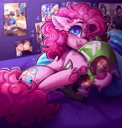 Size: 2226x2320 | Tagged: safe, artist:yumkandie, derpibooru import, pinkie pie, earth pony, pony, :p, bed, bedroom, ear fluff, female, freckles, frog (hoof), high res, image, lying down, one eye closed, pillow, png, smosh, solo, tongue out, underhoof, unshorn fetlocks, wingding eyes, wink