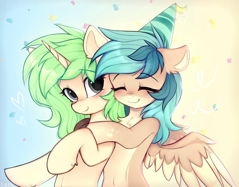Size: 2048x1598 | Tagged: safe, artist:lerkfruitbat, derpibooru import, oc, oc:c-3301, oc:peacher, unofficial characters only, pegasus, pony, unicorn, confetti, cute, duo, duo female, eyebrows, eyebrows visible through hair, eyes closed, female, hat, heart, horn, hug, image, jpeg, mare, ocbetes, party hat, pegasus oc, smiling, spread wings, unicorn oc, wings