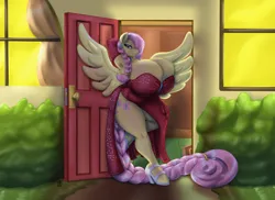 Size: 3000x2181 | Tagged: suggestive, artist:blues64, derpibooru import, fluttershy, anthro, pegasus, pony, unguligrade anthro, big breasts, breasts, busty fluttershy, clothes, door, dress, female, huge breasts, hyper, hyper breasts, image, impossibly large breasts, mare, png, smiling, solo, solo female, spread wings, wings