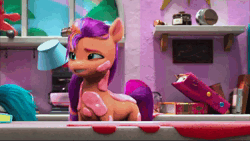 Size: 1920x1082 | Tagged: safe, derpibooru import, screencap, pipp petals, sunny starscout, g5, my little pony: make your mark, spoiler:g5, spoiler:my little pony: make your mark, spoiler:my little pony: make your mark chapter 4, spoiler:mymc04e04, animated, earpiece, image, juice, kitchen, mess, my little pony: make your mark chapter 4, refrigerator, shaking, sunny side up, webm, yelling