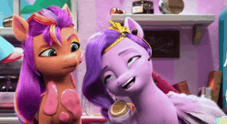 Size: 1508x822 | Tagged: safe, derpibooru import, edit, edited screencap, screencap, pipp petals, sunny starscout, g5, my little pony: make your mark, spoiler:g5, spoiler:my little pony: make your mark, spoiler:my little pony: make your mark chapter 4, spoiler:mymc04e04, animated, cropped, earpiece, flapping, flapping wings, gif, image, kitchen, my little pony: make your mark chapter 4, panic, shaking, sunny side up, wings