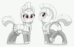 Size: 3371x2139 | Tagged: safe, artist:pabbley, derpibooru import, earth pony, pony, butt, clothes, cute, dock, female, gray background, grayscale, guard armor, guardsmare, image, jpeg, looking back, mare, monochrome, panties, partial color, plot, rear view, royal guard, simple background, socks, solo, stockings, tail, thigh highs, underwear