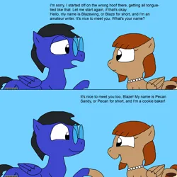 Size: 2000x2000 | Tagged: safe, artist:blazewing, derpibooru import, oc, oc:blazewing, oc:pecan sandy, unofficial characters only, pegasus, pony, 2 panel comic, atg 2023, blue background, comic, drawpile, duo, female, glasses, hoofshake, image, jewelry, male, mare, necklace, newbie artist training grounds, pearl necklace, png, simple background, smiling, stallion, talking, text
