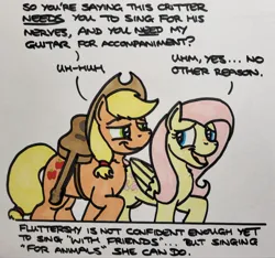 Size: 2048x1913 | Tagged: safe, artist:hoofclid, derpibooru import, applejack, fluttershy, earth pony, pegasus, pony, acoustic guitar, appleshy, blushing, dialogue, duo, female, guitar, image, jpeg, lesbian, looking at each other, looking at someone, mare, musical instrument, shipping, smiling, smiling at each other, text box, traditional art