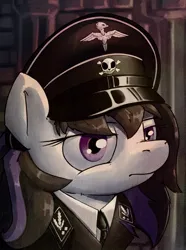 Size: 682x915 | Tagged: safe, artist:uteuk, oc, oc:violet mist, unofficial characters only, earth pony, pony, equestria at war mod, army, bust, cap, cute, female, hair, hat, image, jpeg, mare, military, military uniform, multicolored hair, multicolored mane, nazi, nazipone, portrait, world war ii