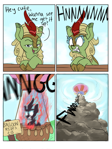 Size: 1800x2400 | Tagged: safe, artist:rocket-lawnchair, derpibooru import, forest fall, oc, kirin, nirik, blank eyes, comic, dialogue, fire, gritted teeth, hot air balloon, image, kirin oc, male, png, solo, talking to viewer, teeth