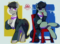 Size: 2300x1709 | Tagged: safe, artist:cadillac-dynamite, derpibooru import, octavia melody, earth pony, pony, chair, clothes, crossed legs, dagger, female, image, jpeg, sitting, solo, tuxedo, weapon