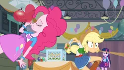 Size: 1280x720 | Tagged: safe, derpibooru import, screencap, applejack, pinkie pie, twilight sparkle, human, equestria girls, apple cider, balloon, boots, clothes, cowboy boots, cowboy hat, hat, heart, heart balloon, image, png, shoes, spit take