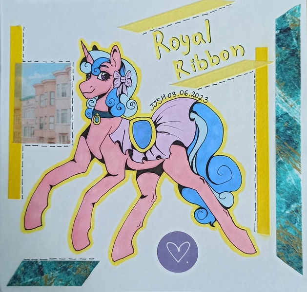 Size: 1142x1090 | Tagged: safe, artist:jennifer696jones, derpibooru import, royal ribbon, pony, unicorn, collar, female, image, jpeg, mare, saddle, solo, tack, traditional art