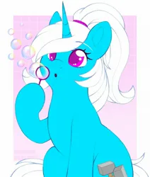 Size: 1642x1937 | Tagged: safe, artist:adostume, derpibooru import, oc, oc:pummela, unicorn, :o, blowing bubbles, bubble, bubble wand, horn, image, jpeg, open mouth, ponytail, sitting, unicorn oc