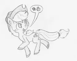 Size: 791x629 | Tagged: safe, artist:swiftcutter, derpibooru import, applejack, earth pony, pony, apple, arrow, food, image, monochrome, old art, pencil drawing, pictogram, png, solo, speech bubble, traditional art