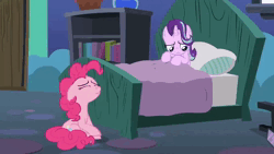 Size: 1280x720 | Tagged: safe, derpibooru import, screencap, pinkie pie, starlight glimmer, earth pony, pony, unicorn, rock solid friendship, angry, animated, bed, bedroom, bookshelf, crying, female, floppy ears, image, implied maud pie, mare, sad, sitting, starlight's room, talking, webm, yelling