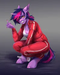 Size: 1800x2250 | Tagged: safe, artist:serodart, derpibooru import, oc, oc:lina phantom, anthro, unicorn, alcohol, bottle, clothes, commission, drink, female, gopnik, image, looking at you, not twilight sparkle, png, smiling, smiling at you, solo, solo female, tracksuit, vodka