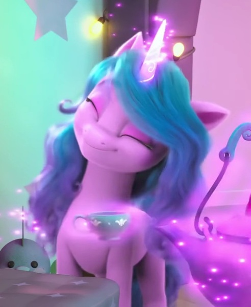 Size: 732x893 | Tagged: safe, derpibooru import, screencap, izzy moonbow, spike, pony, unicorn, g5, my little pony: make your mark, a little horse, cup, cute, eyes closed, female, glow, glowing horn, head tilt, horn, image, izzybetes, jpeg, mare, my little pony: make your mark chapter 4, plushie, smiling, spike plushie, teacup, teapot