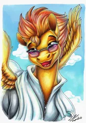 Size: 1751x2504 | Tagged: safe, artist:lupiarts, derpibooru import, spitfire, rainbow falls, bust, cloud, colored pencil drawing, comfy, copic, drawing, exercise, flying, illustration, image, jpeg, markers, portrait, sky, spread wings, sunglasses, towel, traditional art, training, wings, wonderbolts, workout, workout outfit