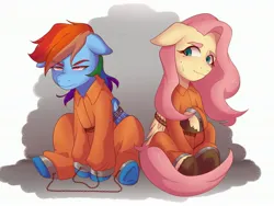 Size: 3072x2304 | Tagged: safe, artist:_saharts, derpibooru import, fluttershy, rainbow dash, chained, chains, clothes, commissioner:rainbowdash69, cuffs, duo, image, jpeg, jumpsuit, never doubt rainbowdash69's involvement, prison outfit, prisoner ft, prisoner rd, shackles