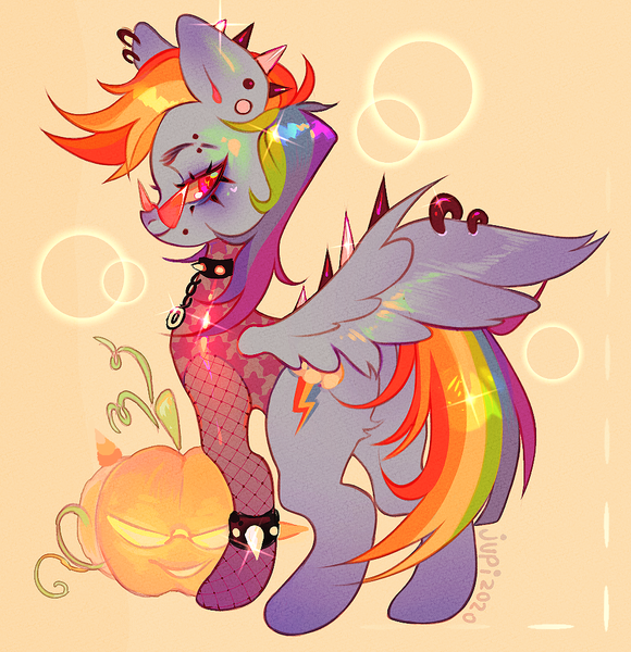 Size: 1000x1034 | Tagged: safe, artist:leftoverteeth, derpibooru import, rainbow dash, pegasus, pony, bracelet, collar, ear piercing, eyebrow piercing, facial piercing, female, halloween, holiday, image, jack-o-lantern, kamina sunglasses, mare, piercing, png, pumpkin, solo, spiked collar, spiked wristband, sunglasses, wing piercing, wings, wristband