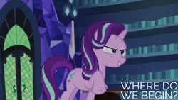 Size: 2000x1125 | Tagged: safe, derpibooru import, edit, edited screencap, editor:quoterific, screencap, starlight glimmer, every little thing she does, image, library, png, solo, twilight's castle, twilight's castle library