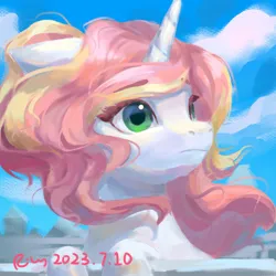 Size: 2300x2300 | Tagged: safe, artist:rily, derpibooru import, oc, pony, unicorn, green eyes, image, looking up, pink hair, png, sky, solo