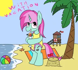 Size: 2000x1800 | Tagged: safe, artist:amateur-draw, derpibooru import, oc, oc:belle boue, unofficial characters only, unicorn, beach, beach ball, beach towel, bipedal, clothes, crossdressing, cutie mark, food, ice cream, image, looking at you, ocean, one-piece swimsuit, palm tree, png, sandcastle, swimsuit, towel, tree, water