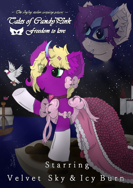 Size: 2894x4093 | Tagged: safe, artist:spiroudada, derpibooru import, oc, oc:velvet sky, unofficial characters only, bird, pony, unicorn, boat, bow, castle, clothes, crossdressing, cute, image, male, movie poster, night, pink, pink dress, png, princess, smiling, solo, stallion, stars