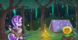 Size: 2705x1396 | Tagged: safe, artist:weiling, derpibooru import, starlight glimmer, butterfly, insect, pony, unicorn, campfire, crossover, cute, female, flower, forest, glow, guitar, image, leaf, mare, musical instrument, night, plants vs zombies, png, simple background, sitting, solo, sunflower, tree