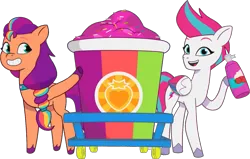 Size: 1380x880 | Tagged: safe, derpibooru import, edit, edited screencap, screencap, sunny starscout, zipp storm, earth pony, pegasus, pony, g5, my little pony: tell your tale, spoiler:g5, spoiler:my little pony: tell your tale, drink, food, image, not a vector, png, smoothie, whipped cream