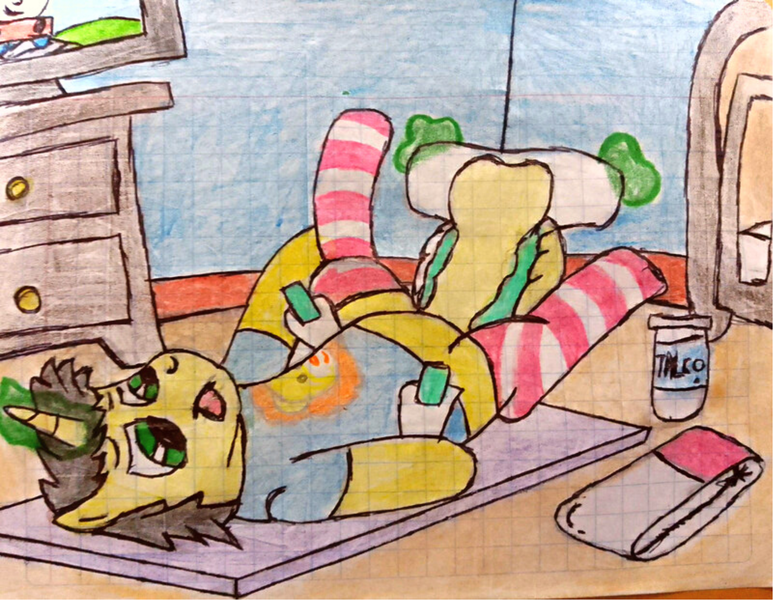 Size: 1931x1499 | Tagged: questionable, artist:bitter sweetness, derpibooru import, edit, oc, oc:bitter sweetness, unofficial characters only, unicorn, abdl, baby crib, baby mat, baby powder, change diaper, clothes, concentrated, diaper, diaper change, diaper edit, diaper fetish, diaper wet, diapered, fetish, furniture, graph paper, green eyes, image, lying down, lying on the floor, magic, non-baby in diaper, png, socks, striped socks, telekinesis, television, thomas and friends, tongue out, traditional art, urine, walls, wet diaper, wooden floor