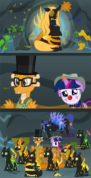 Size: 1517x2955 | Tagged: safe, artist:wheatley r.h., derpibooru import, changeling queen oc, oc, oc:myoozik the dragon, oc:reina nekchiua, oc:twi clown, oc:w. rhinestone eyes, unofficial characters only, changeling, changeling larva, changeling queen, dragon, pony, unicorn, anklet, australium, bag, bat wings, belly, big belly, blue changeling, bowtie, bracelet, broom, changeling egg, changeling guard, changeling hive, changeling magic, changeling oc, changeling princess, clipboard, clone, clothes, clown, clown makeup, clown nose, comic, crying, derpibooru exclusive, dragon oc, explorer outfit, female, food, game boy, glasses, green changeling, hat, honey, honeypot changeling, hoof hold, horn, hug, image, jewelry, jpeg, macuahuitl, magic, magnifying glass, male, mare, mother and child, mother and son, necklace, non-pony oc, pen, raised hoof, red nose, rock, secretary, shirt, size difference, spanish, stallion, stuck, team fortress 2, tears of joy, telekinesis, top hat, unicorn oc, vector, vessel, watermark, wings, yellow changeling